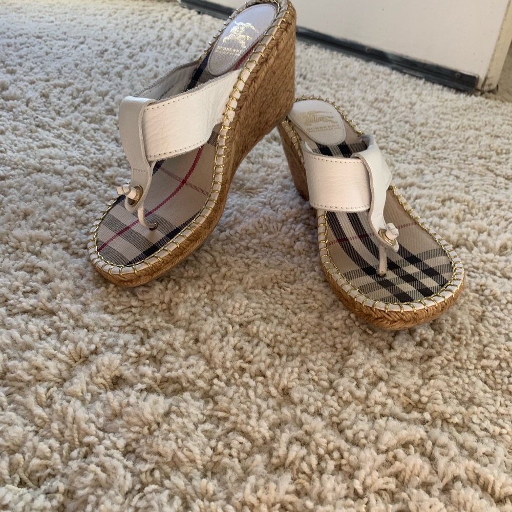 Burberry White Novacheck Canvas Thong Wedge
